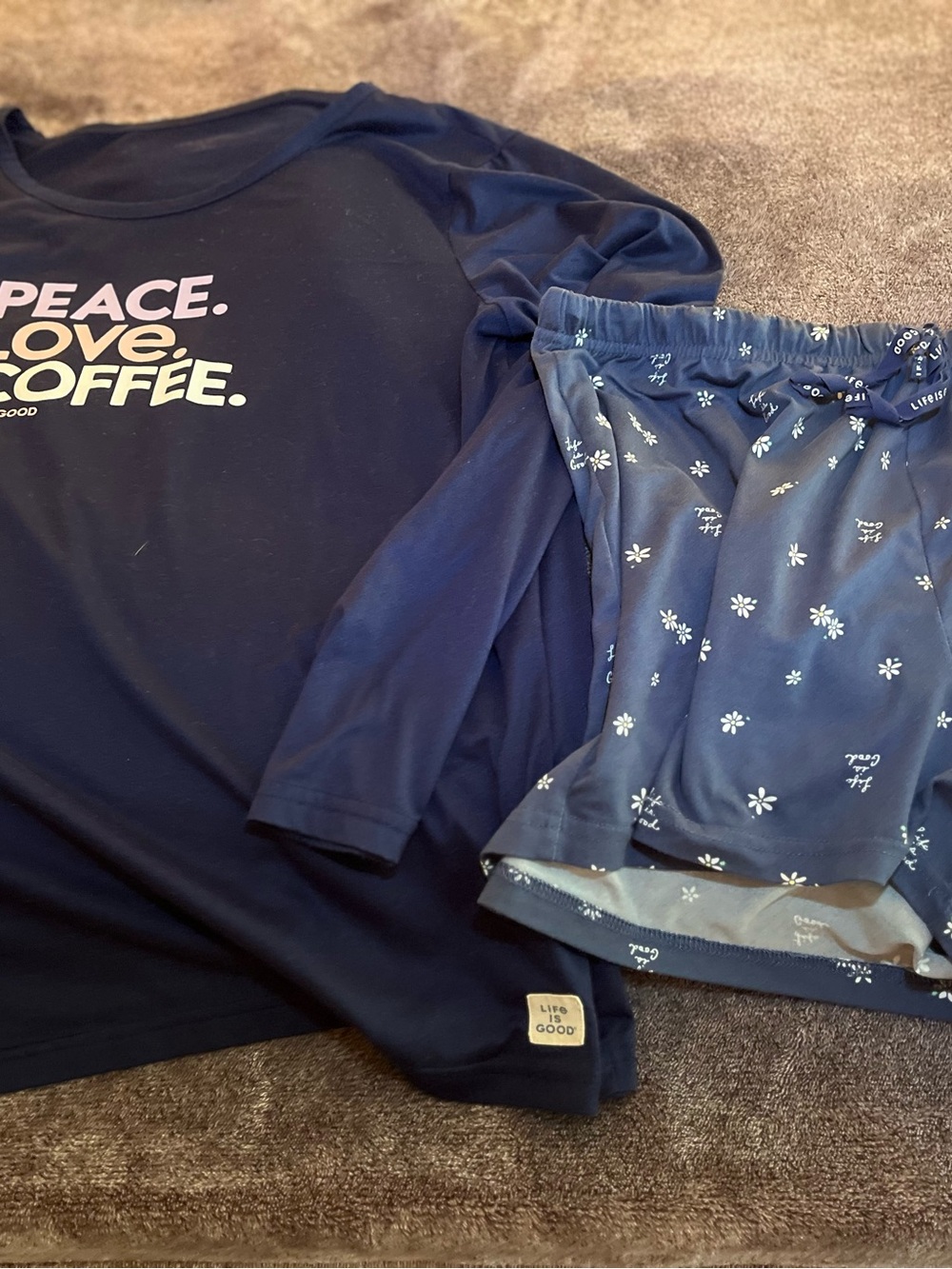 Life Is Good Sleep Navy Long Sleeve Tee with Peace Love CoffeeText